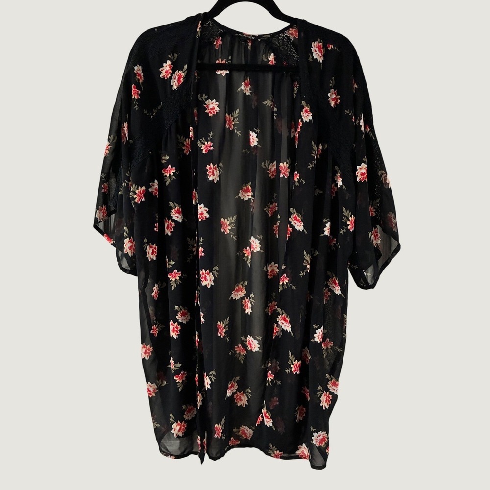 Express Floral Dark Romantic Lace Trim Kimono Cardigan Black Sheer  Open Front M